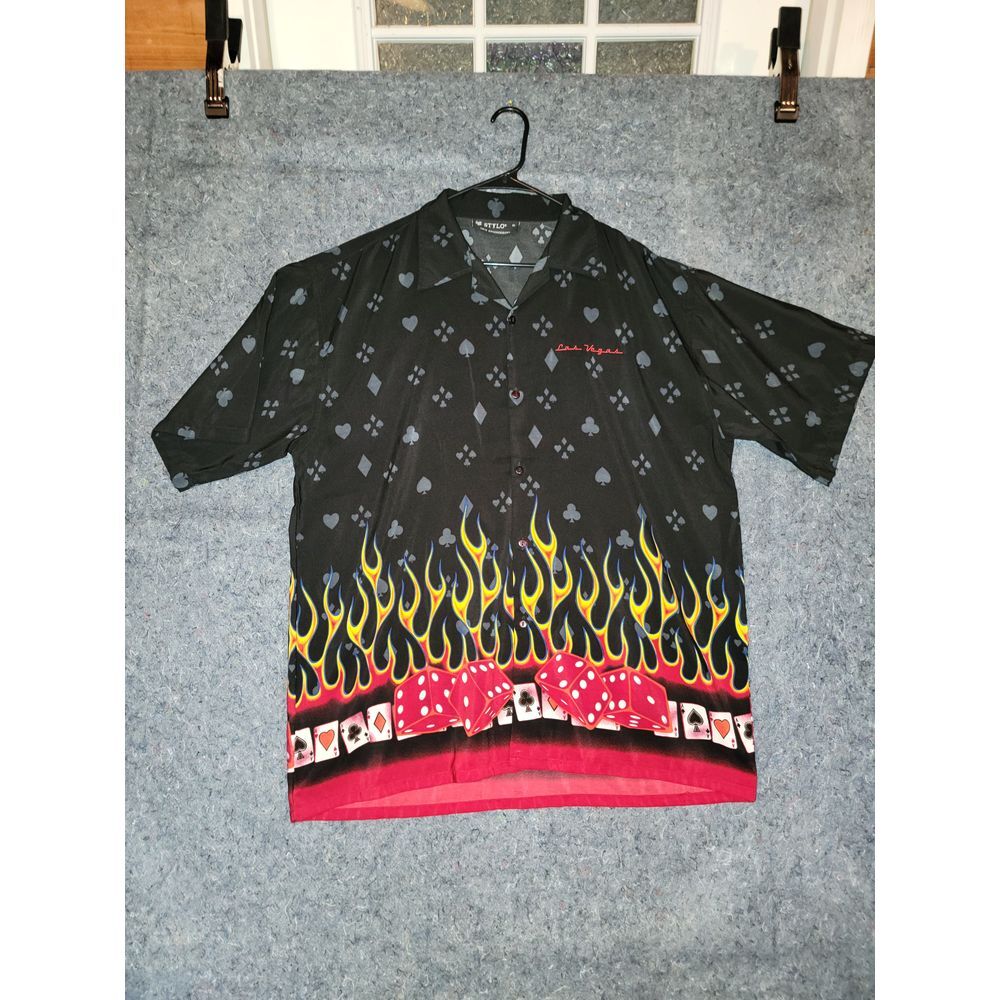 Black‎ Las Vegas Rave Flames Button Fly Flames Y2K Casual Casino Dice Work Party